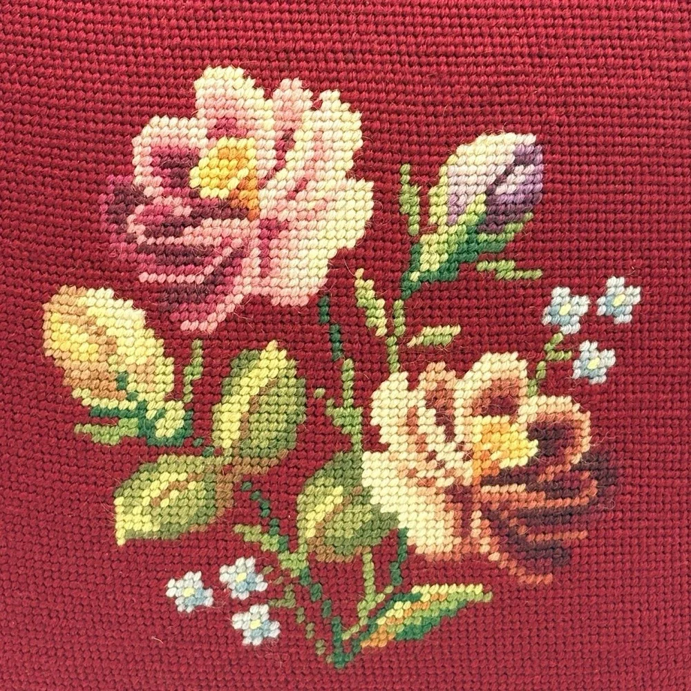 VTG Needlepoint Throw Pillows Burgundy Red Velvet Floral Handmade 14